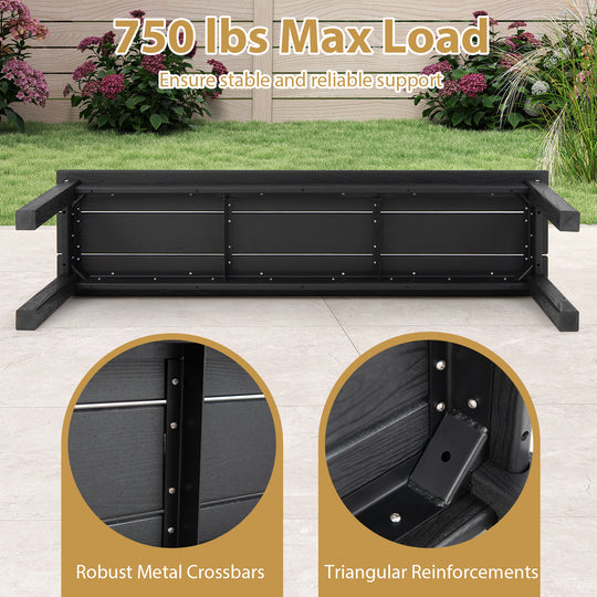 55" HDPE Outdoor Bench 2-3 People Weatherproof Backless Patio Garden Bench-Black