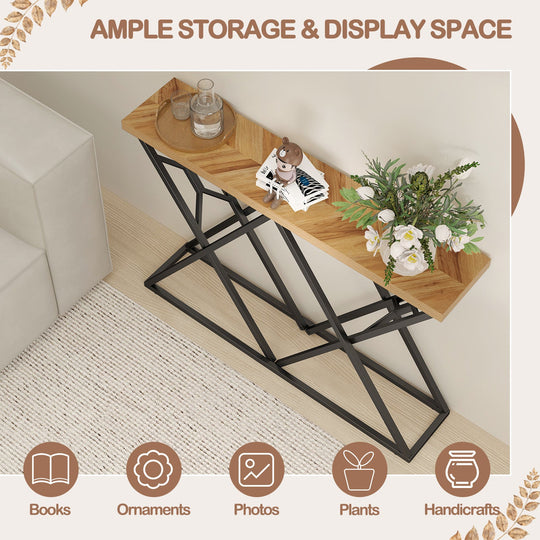 55 Inch Console Table with Solid Metal Frame and Storage-Wood