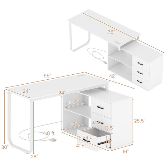 55 Inch Reversible L Shaped Desk with 3 Drawers Home Office Desk with Adjustable Shelf