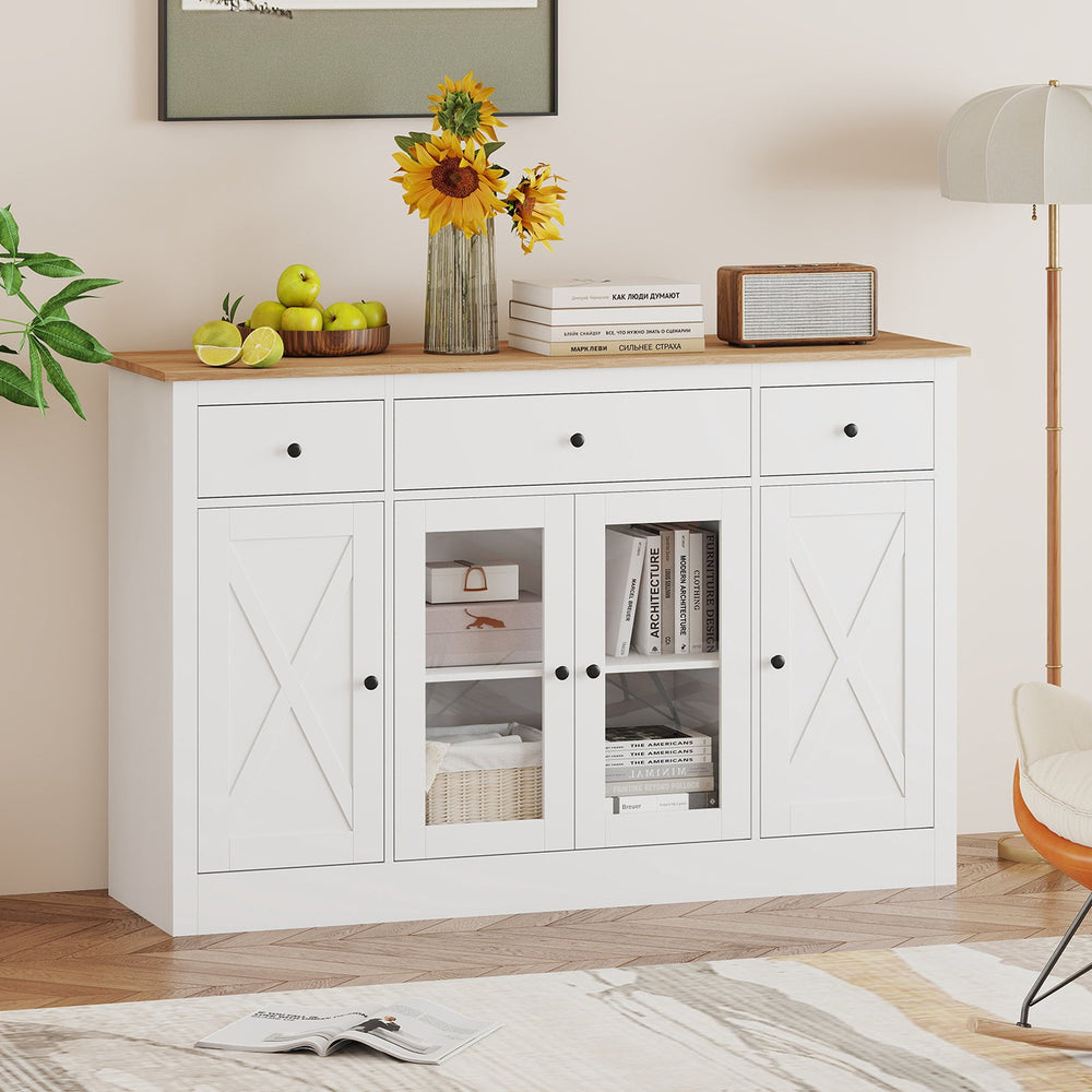 55" Large Buffet Sideboard Kitchen Storage Cabinet with 3 Drawers 2 See-through Doors Adjustable Shelves Wine Bar Table