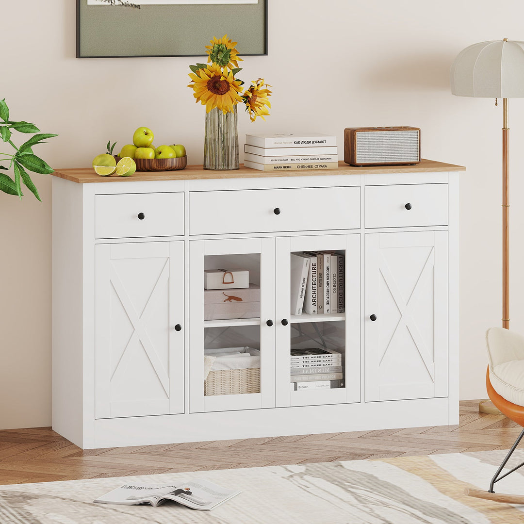 55" Large Buffet Sideboard Kitchen Storage Cabinet with 3 Drawers 2 See-through Doors Adjustable Shelves Wine Bar Table