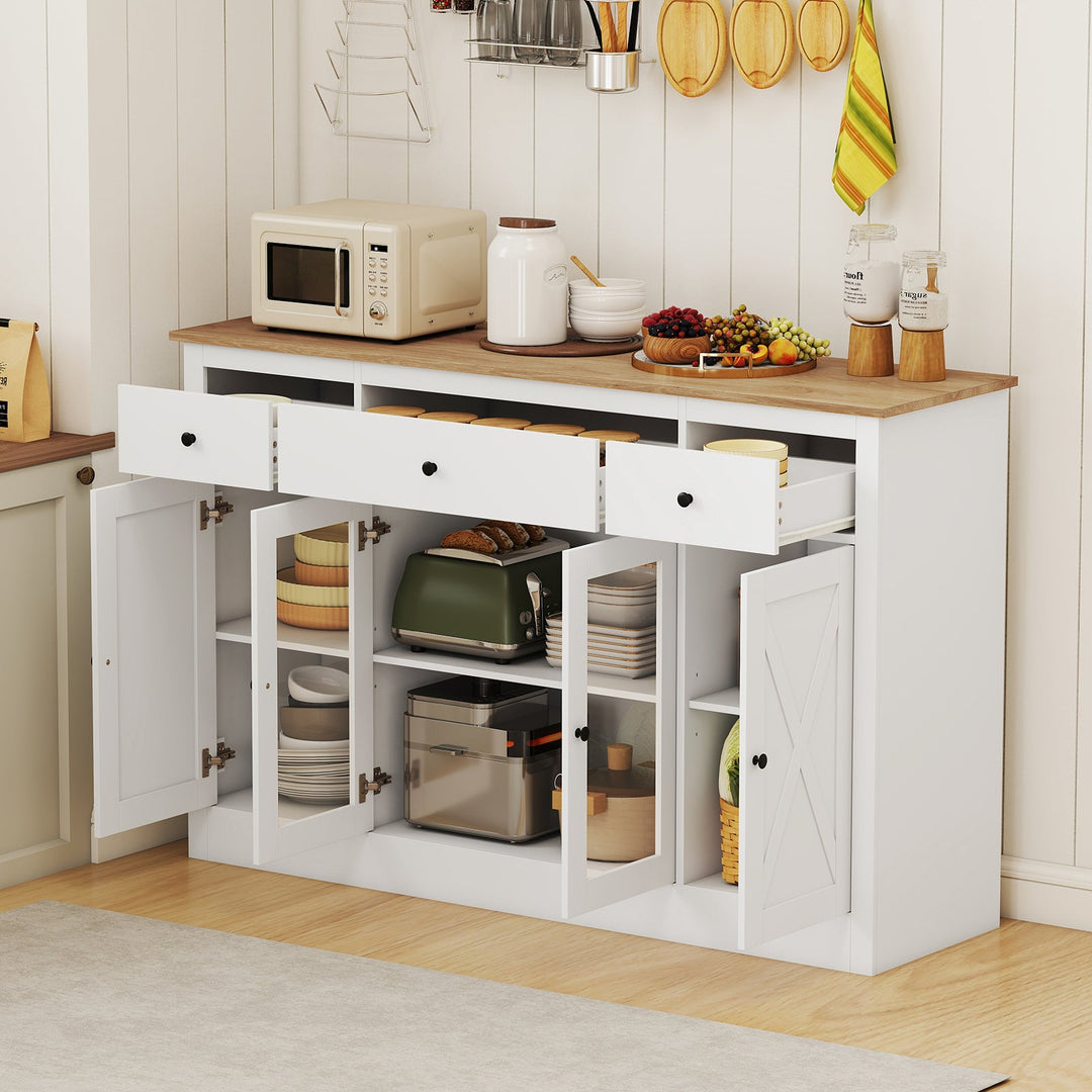 55" Large Buffet Sideboard Kitchen Storage Cabinet with 3 Drawers 2 See-through Doors Adjustable Shelves Wine Bar Table
