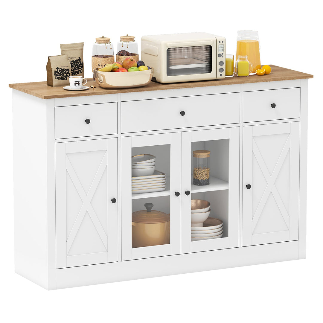 55" Large Buffet Sideboard Kitchen Storage Cabinet with 3 Drawers 2 See-through Doors Adjustable Shelves Wine Bar Table