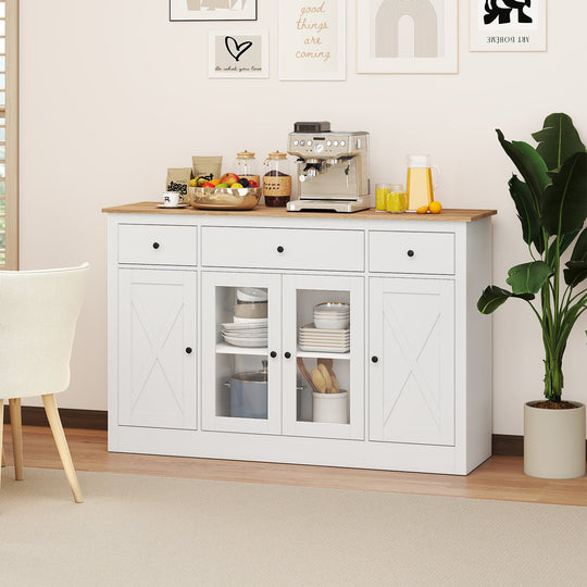 55" Large Buffet Sideboard Kitchen Storage Cabinet with 3 Drawers 2 See-through Doors Adjustable Shelves Wine Bar Table