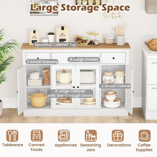 55" Large Buffet Sideboard Kitchen Storage Cabinet with 3 Drawers 2 See-through Doors Adjustable Shelves Wine Bar Table