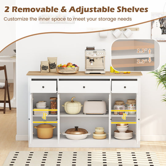 55" Large Buffet Sideboard Kitchen Storage Cabinet with 3 Drawers 2 See-through Doors Adjustable Shelves Wine Bar Table