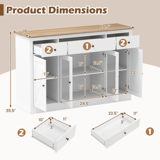 55" Large Buffet Sideboard Kitchen Storage Cabinet with 3 Drawers 2 See-through Doors Adjustable Shelves Wine Bar Table