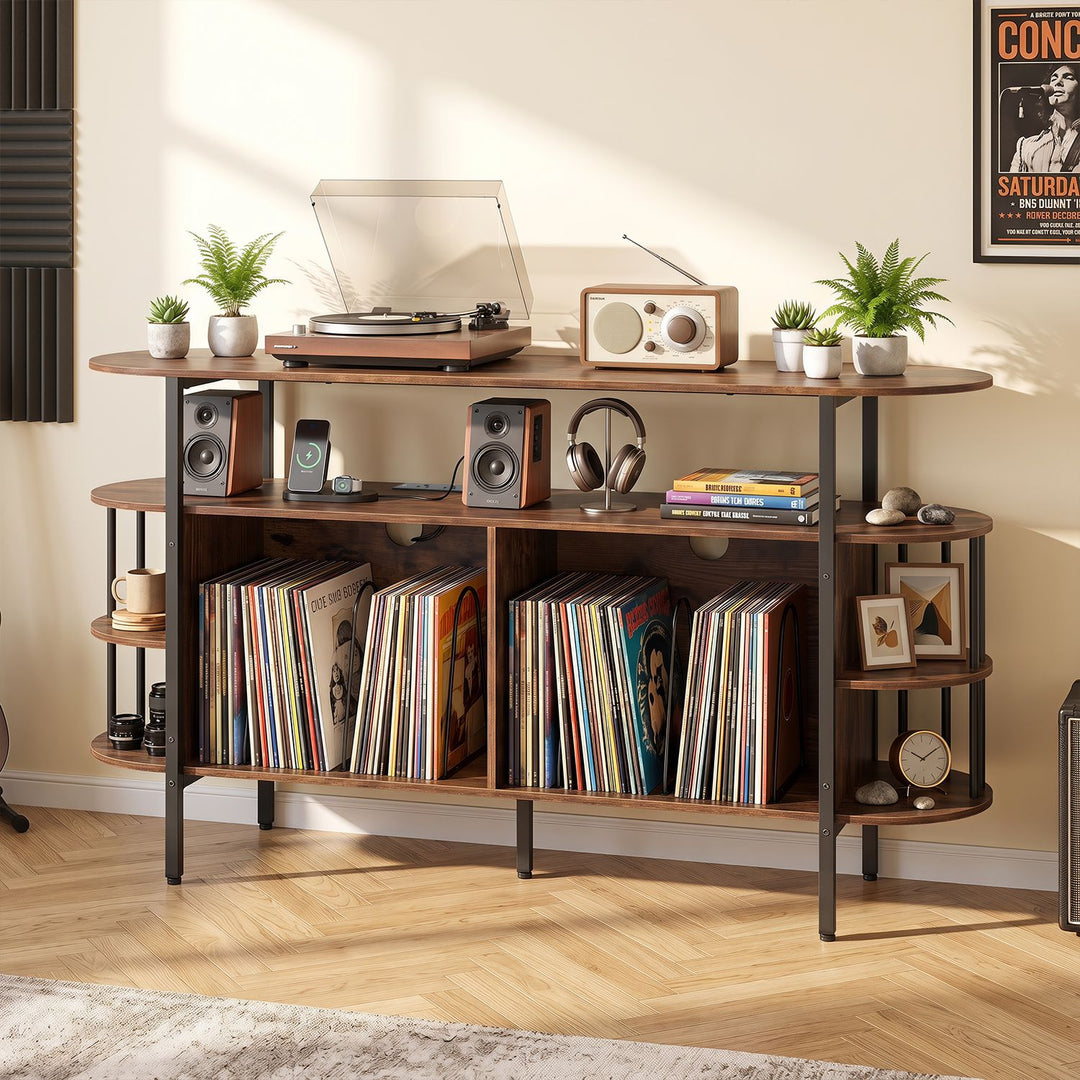 55” Record Player Stand with LED Lights and Power Outlets for Living Room