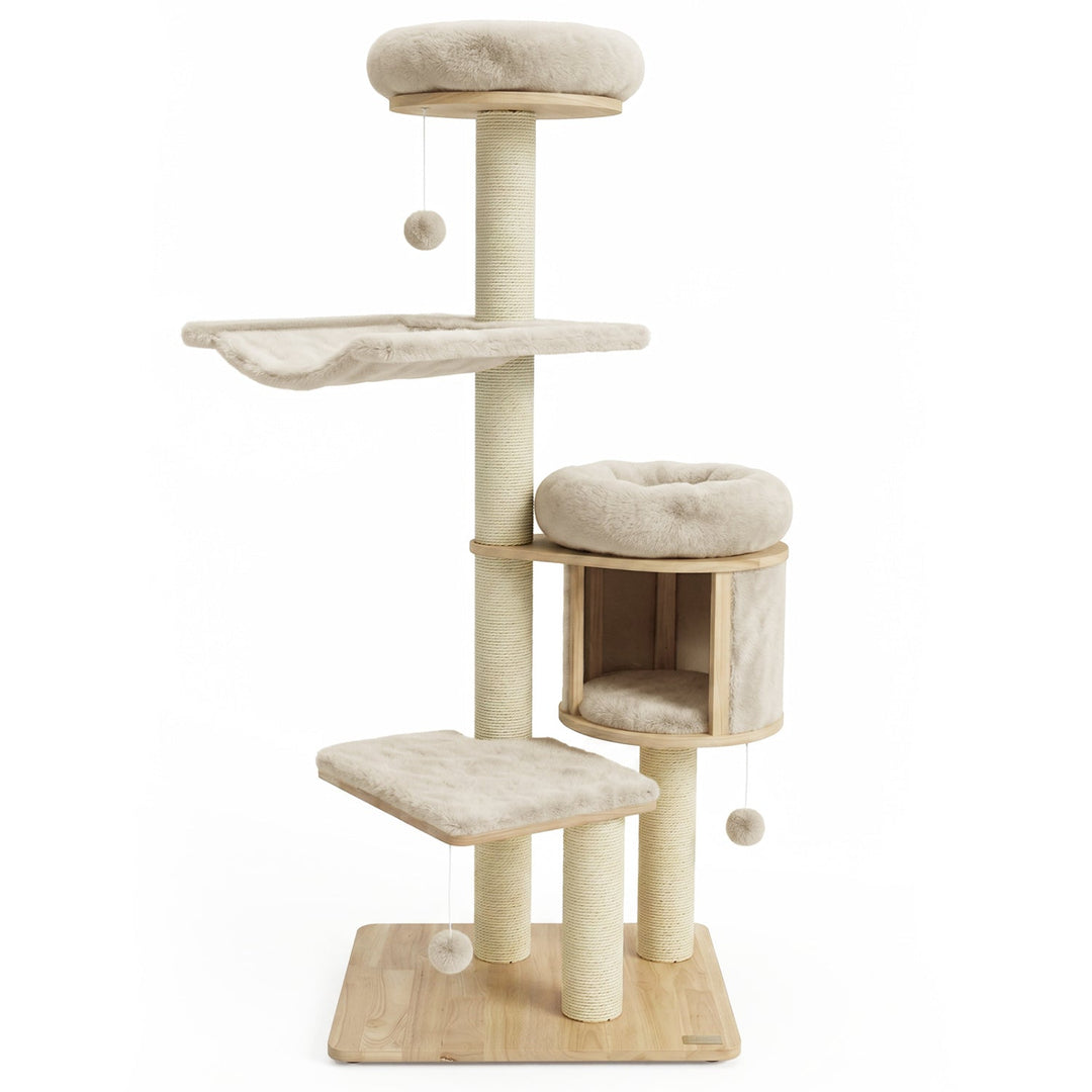 55" Solid Rubber Wood Cat Tree with Condo & Hammock