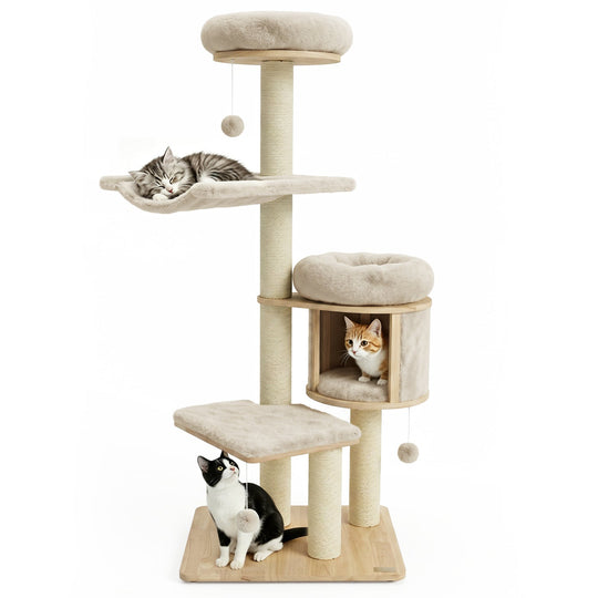 55" Solid Rubber Wood Cat Tree with Condo & Hammock