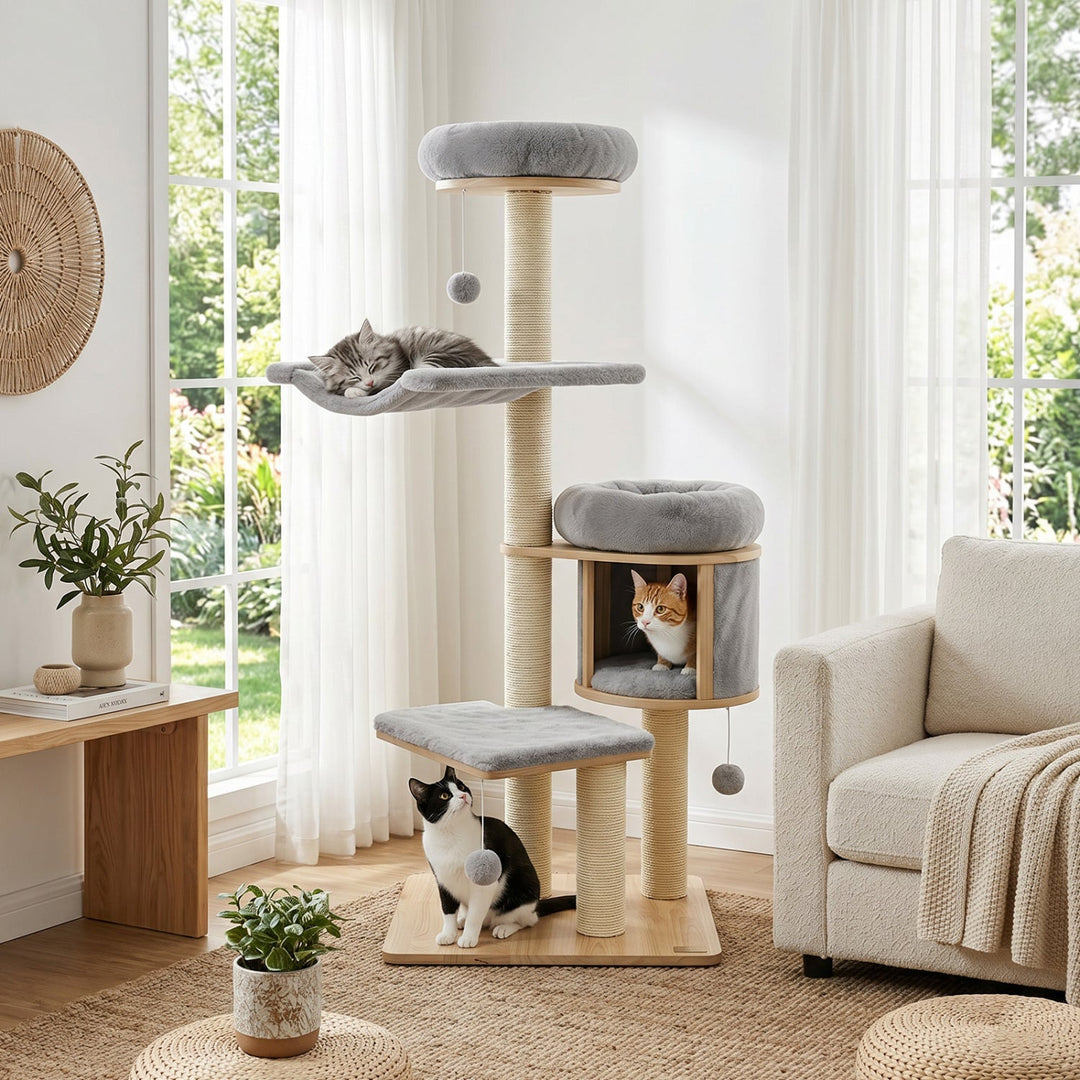 55" Solid Rubber Wood Cat Tree with Condo & Hammock