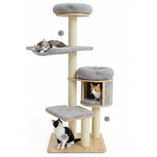 55" Solid Rubber Wood Cat Tree with Condo & Hammock