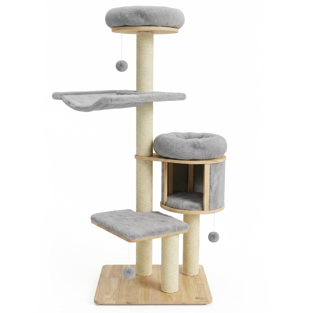 55" Solid Rubber Wood Cat Tree with Condo & Hammock