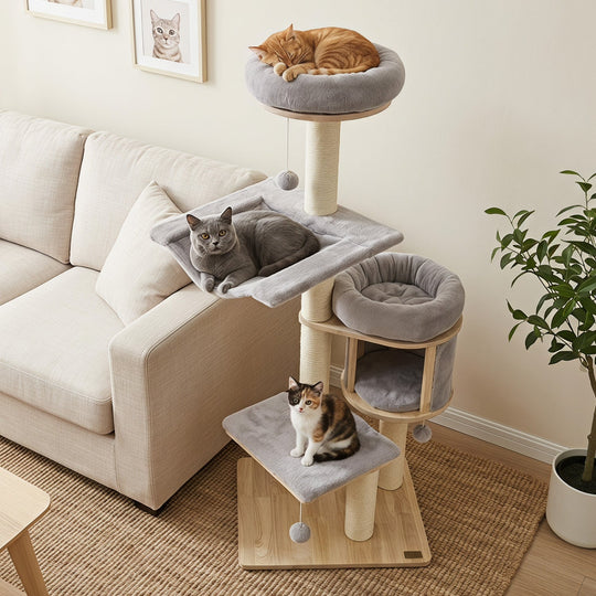 55" Solid Rubber Wood Cat Tree with Condo & Hammock