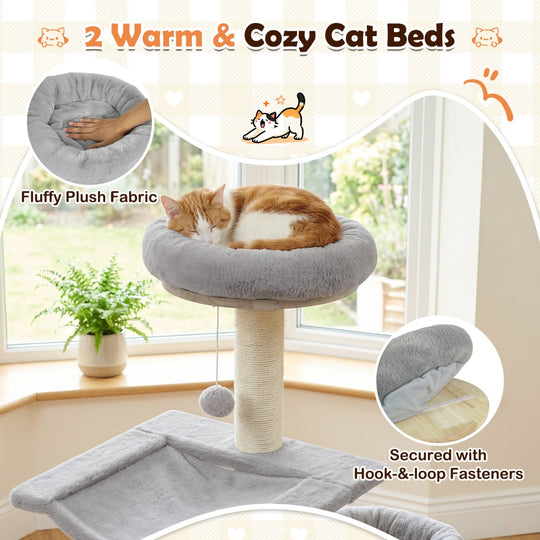 55" Solid Rubber Wood Cat Tree with Condo & Hammock