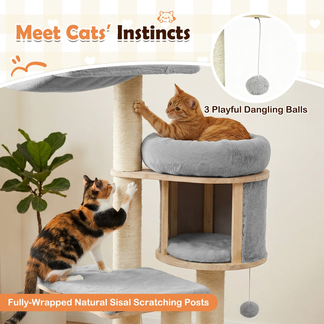 55" Solid Rubber Wood Cat Tree with Condo & Hammock