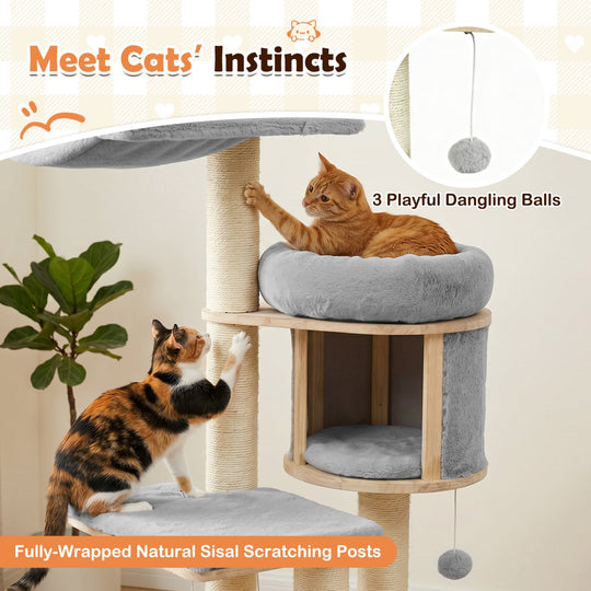55" Solid Rubber Wood Cat Tree with Condo & Hammock