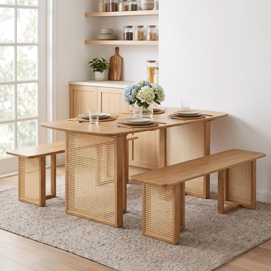 55" Dining Table Set with 2 Benches for 4 People