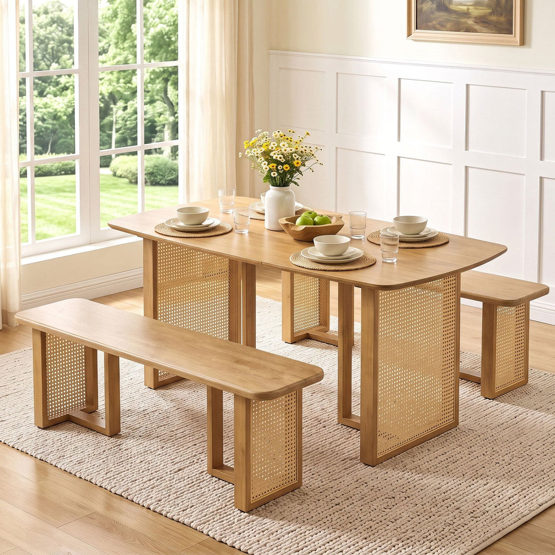 55" Rubber Wood Dining Bench with Rattan Legs