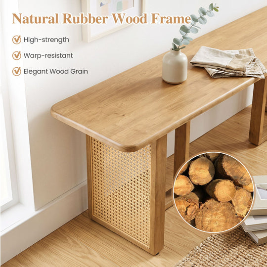 55" Rubber Wood Dining Bench with Rattan Legs