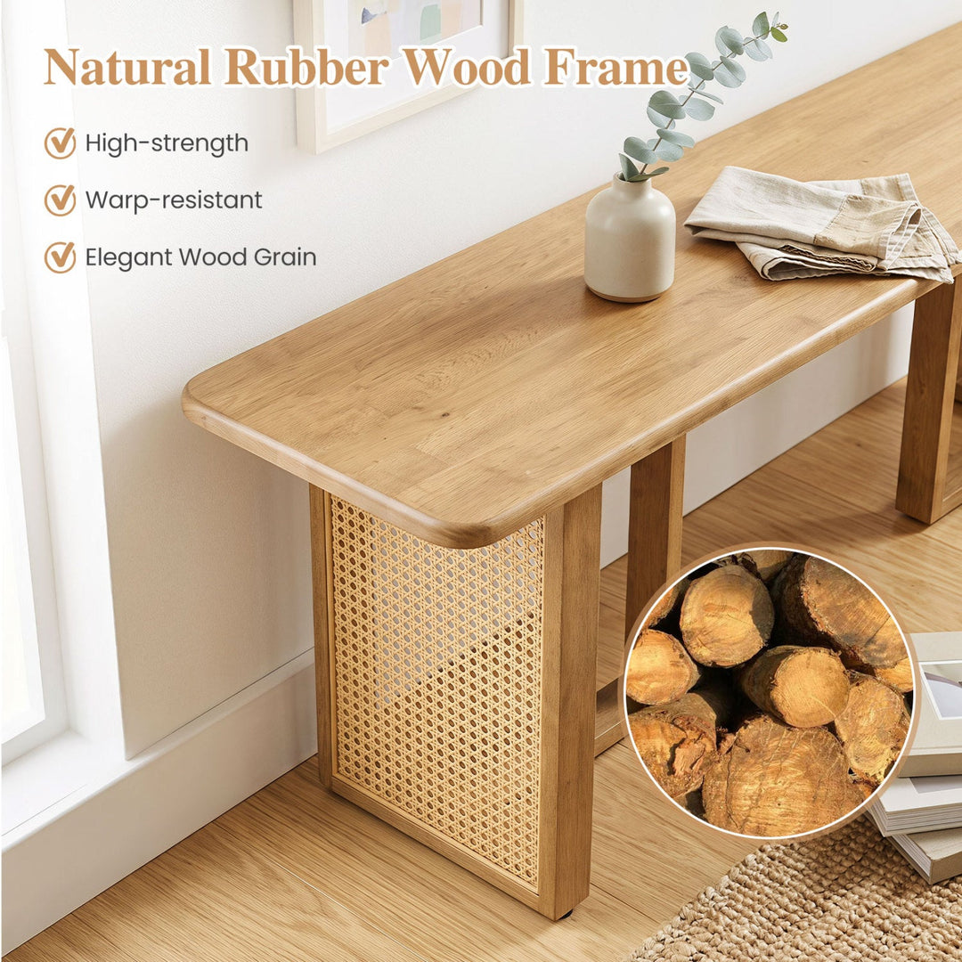 55" Rubber Wood Dining Bench with Rattan Legs