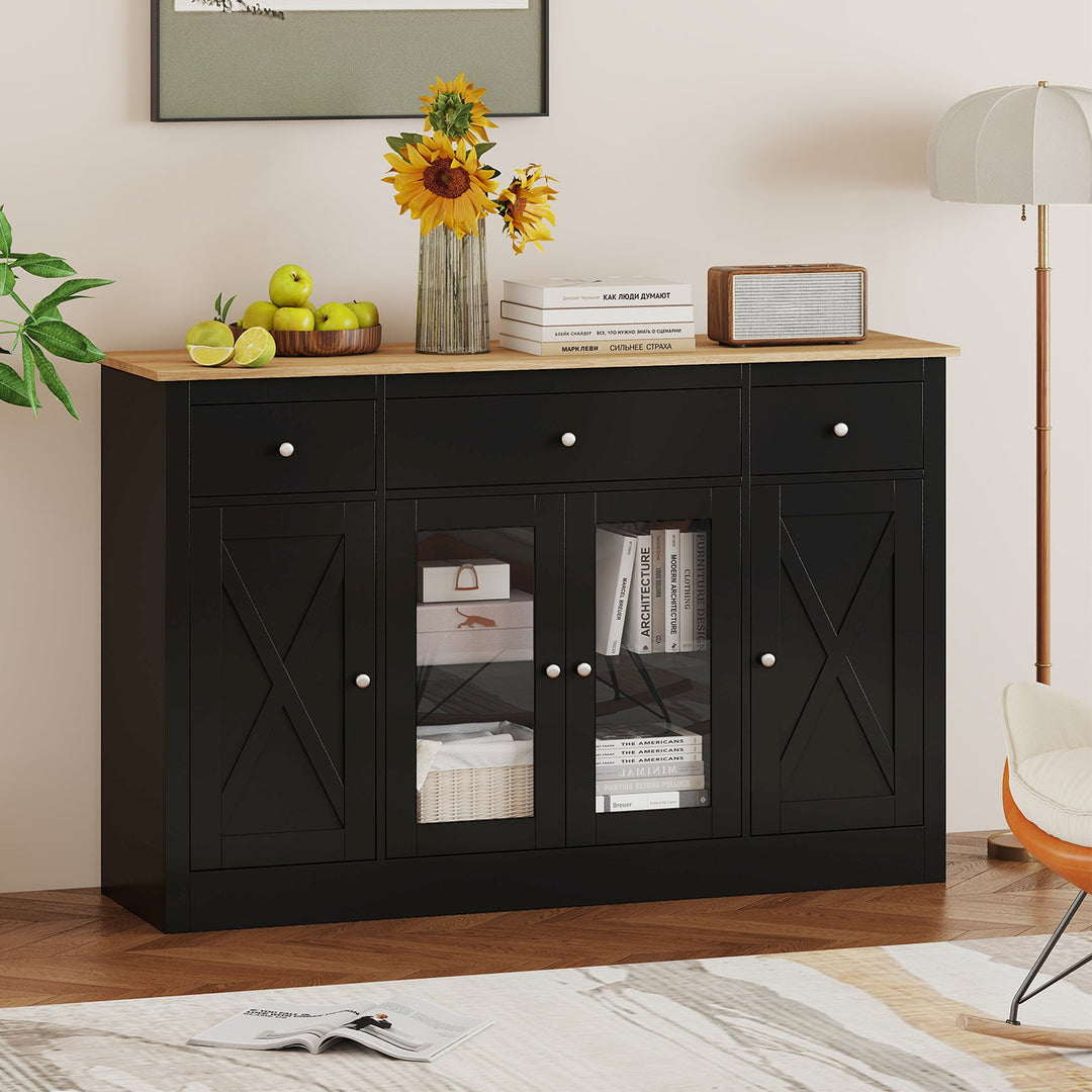 55" Large Buffet Sideboard Kitchen Storage Cabinet with 3 Drawers 2 See-through Doors Adjustable Shelves Wine Bar Table