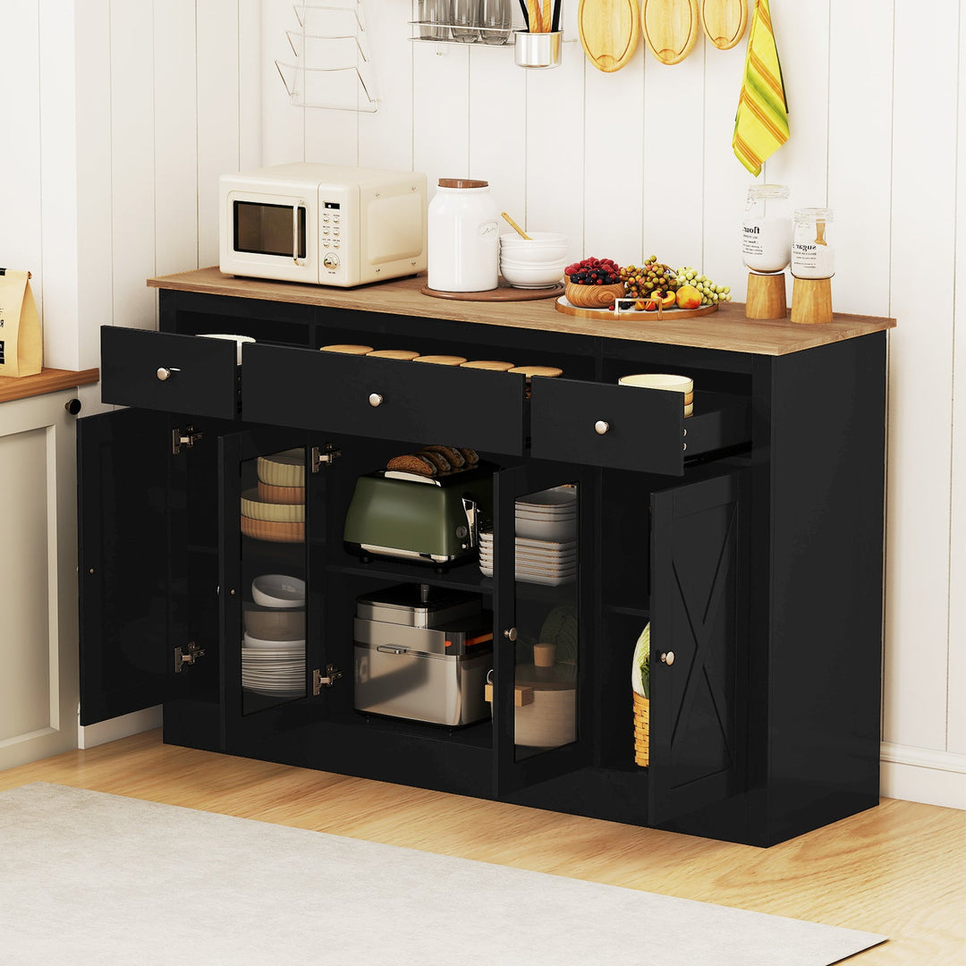 55" Large Buffet Sideboard Kitchen Storage Cabinet with 3 Drawers 2 See-through Doors Adjustable Shelves Wine Bar Table