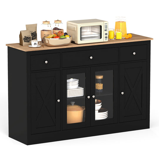 55" Large Buffet Sideboard Kitchen Storage Cabinet with 3 Drawers 2 See-through Doors Adjustable Shelves Wine Bar Table