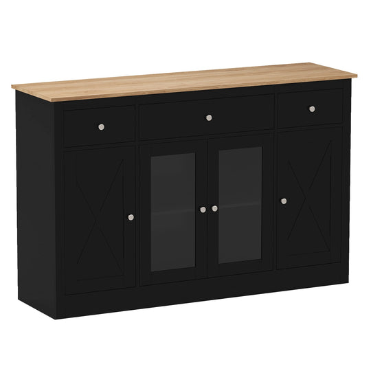 55" Large Buffet Sideboard Kitchen Storage Cabinet with 3 Drawers 2 See-through Doors Adjustable Shelves Wine Bar Table