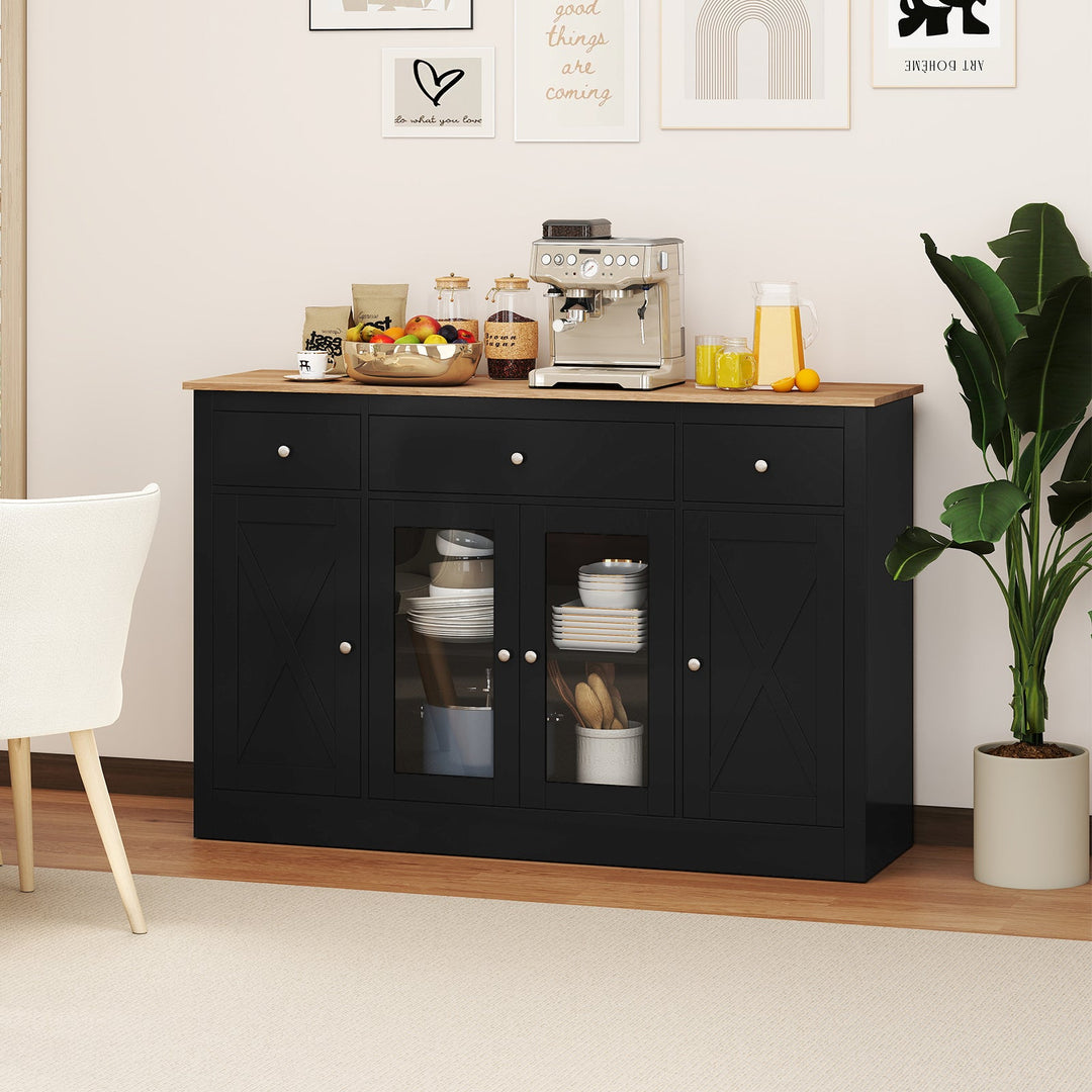 55" Large Buffet Sideboard Kitchen Storage Cabinet with 3 Drawers 2 See-through Doors Adjustable Shelves Wine Bar Table