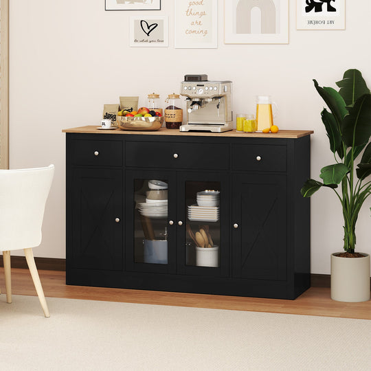 55" Large Buffet Sideboard Kitchen Storage Cabinet with 3 Drawers 2 See-through Doors Adjustable Shelves Wine Bar Table