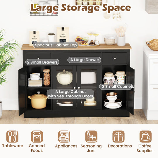 55" Large Buffet Sideboard Kitchen Storage Cabinet with 3 Drawers 2 See-through Doors Adjustable Shelves Wine Bar Table