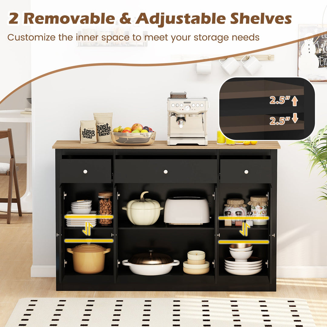 55" Large Buffet Sideboard Kitchen Storage Cabinet with 3 Drawers 2 See-through Doors Adjustable Shelves Wine Bar Table