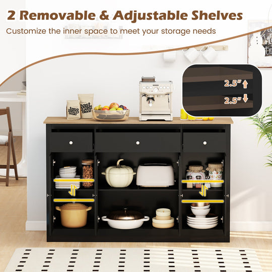 55" Large Buffet Sideboard Kitchen Storage Cabinet with 3 Drawers 2 See-through Doors Adjustable Shelves Wine Bar Table