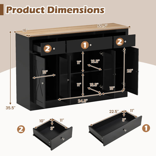 55" Large Buffet Sideboard Kitchen Storage Cabinet with 3 Drawers 2 See-through Doors Adjustable Shelves Wine Bar Table