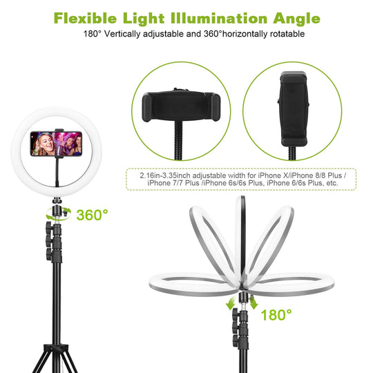 10" LED Ring Light – Dimmable, Tripod Stand, Phone Holder, USB Powered