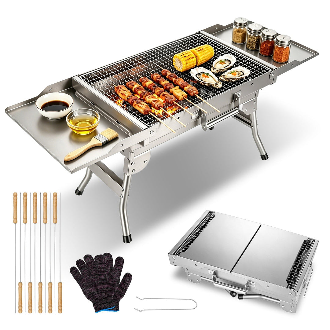 Foldable Charcoal Grill with Storage Shelf and 10 Skewers
