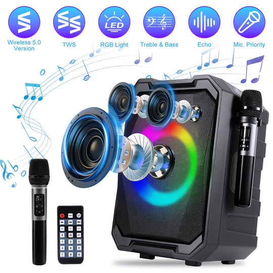 Portable Wireless Party Speaker | LED Lights, 2 Wireless Mics, Remote, TWS & Guitar Input