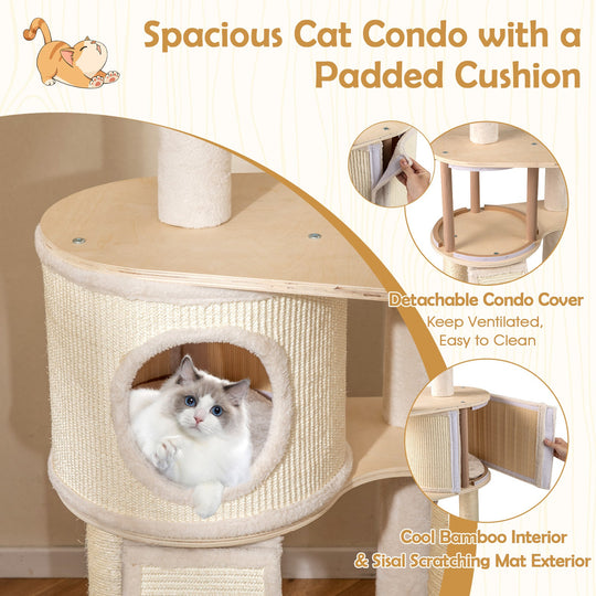56 Inch Tall Cat Tree with 2 Sisal Scratching Posts and Ladder-NA