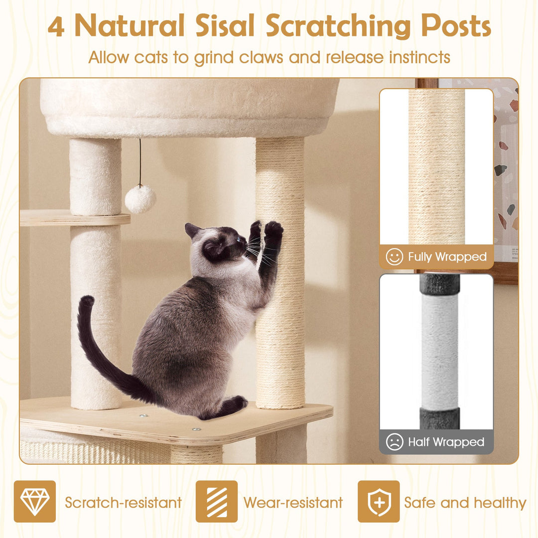 56 Inch Tall Cat Tree with 2 Sisal Scratching Posts and Ladder-NA