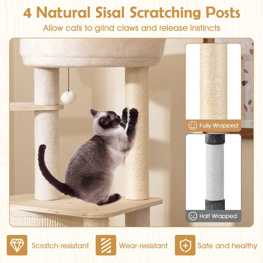 56 Inch Tall Cat Tree with 2 Sisal Scratching Posts and Ladder-NA