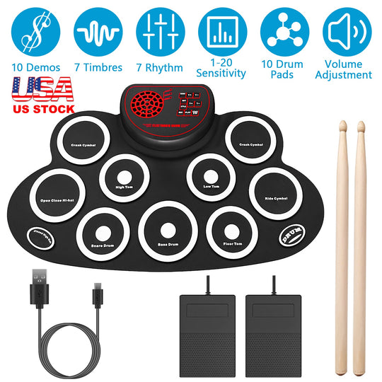 10 Pads Electric Drum Set Foldable 10-Drum Silicon Drum Kit Foldable Electronic Drum Pad Machine with Drum Sticks Headphone Jack Speaker Battery Dual-
