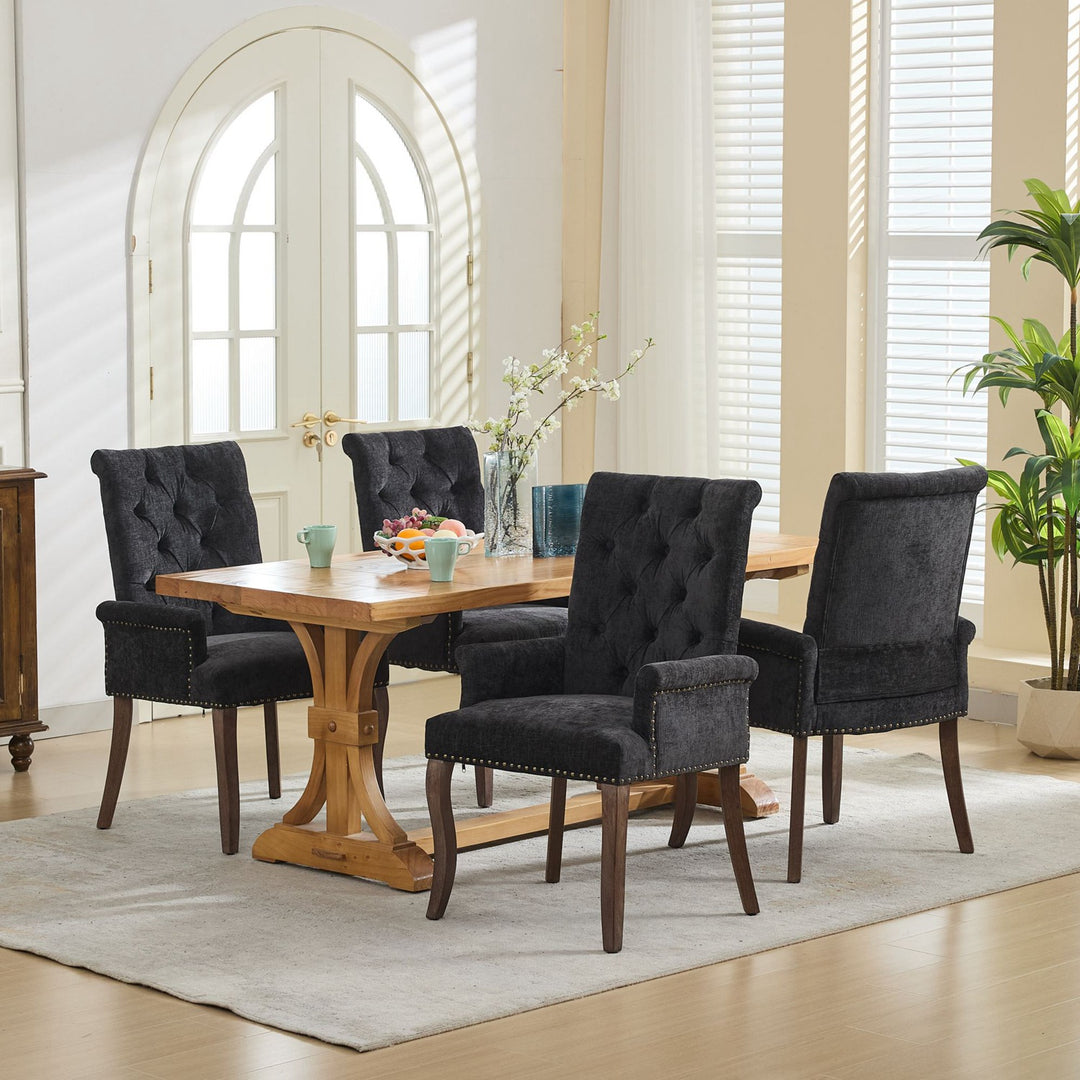 Upholstered Chenille Fabric Tufted Arm Dining Chair, Curved Solid Rubberwood Legs, Elegant Nailhead Trim Accent Chair fo