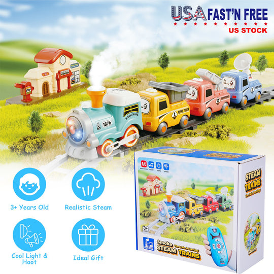 Electric Train Set with Smokes Light Sound Remote Magnetic Train Toys with Locomotive 3 Trucks Gifts for Kids Aged 3 4 5 6 Year Old