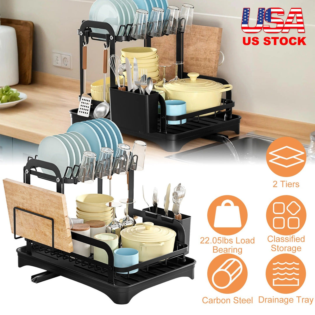 2-Tier Dish Drying Rack for Kitchen Counter Space Saving Rustproof Dish Rack with Drainboard Detachable Kitchen Drainer Organizer Set with Utensil Hol