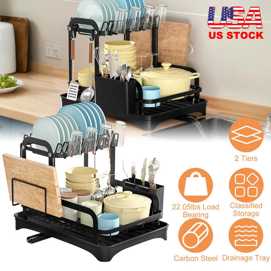 2-Tier Dish Drying Rack for Kitchen Counter Space Saving Rustproof Dish Rack with Drainboard Detachable Kitchen Drainer Organizer Set with Utensil Hol