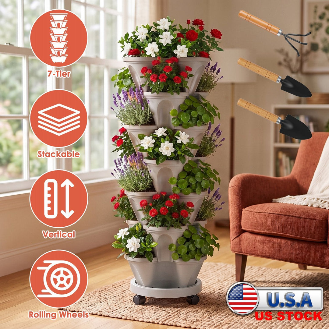7-Tier Stackable Vertical Planter with Wheels and Drainage