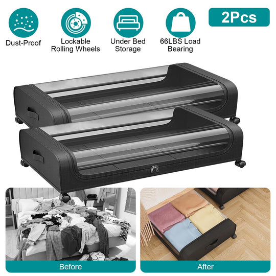 2Packs Under Bed Storage Containers Rolling Clothing Organizer 42L/11Gal Under BedÊDrawers with Clear Lid 360¡ Lockable Rolling Wheels Strap Handles