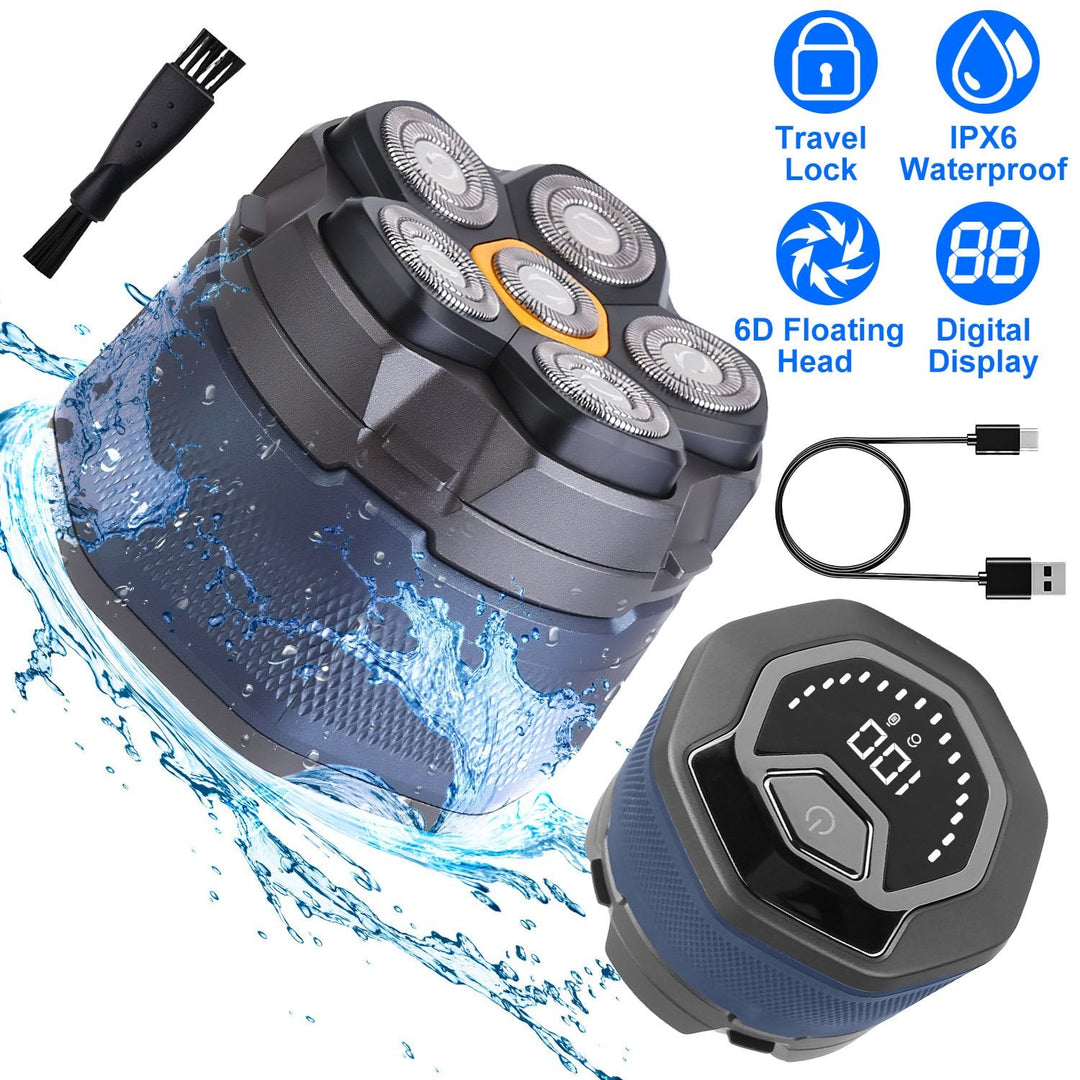 Cordless Electric Head Shaver For Men 6D Magnetic Floating Head IPX6 Waterproof Wet Dry Shaving Electric Razor Type-C Rechargeable Trimmer With LED Di
