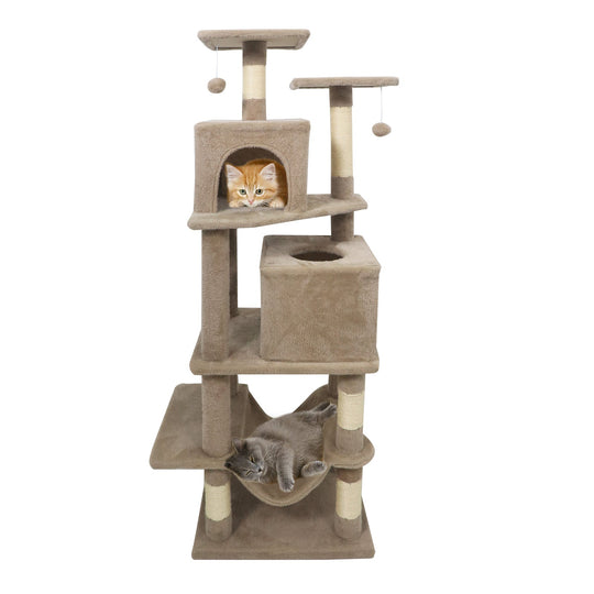 57 Inch Cat Tree with Dual Condos and Hammock and 2 Dangling Balls